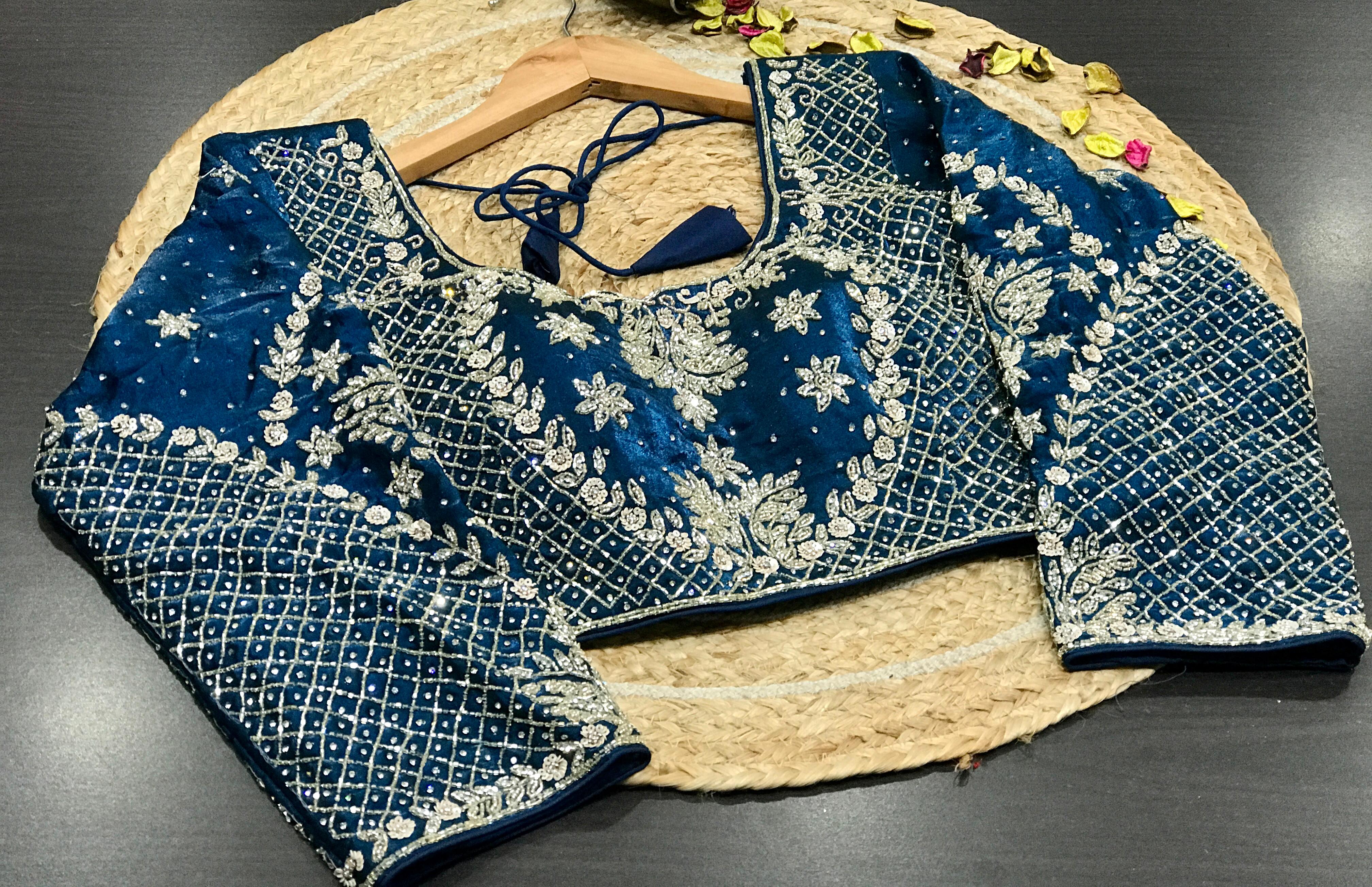 Designer Pure Silk Fendi Saree In Teal Blue With Intricate Handwork with Stitched Blouse