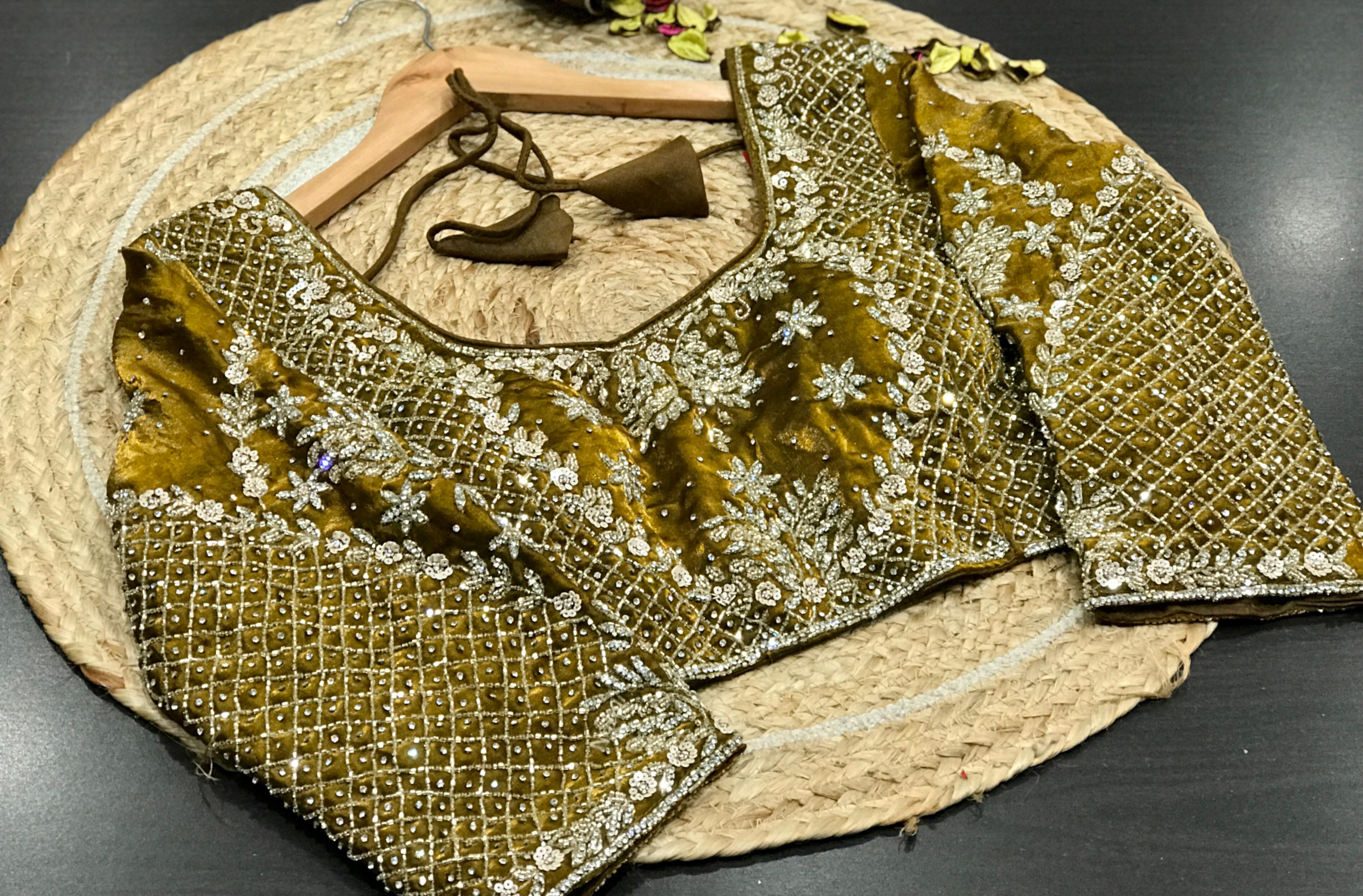 Designer Pure Silk Fendi Saree In Olive With Intricate Handwork with Stitched Blouse