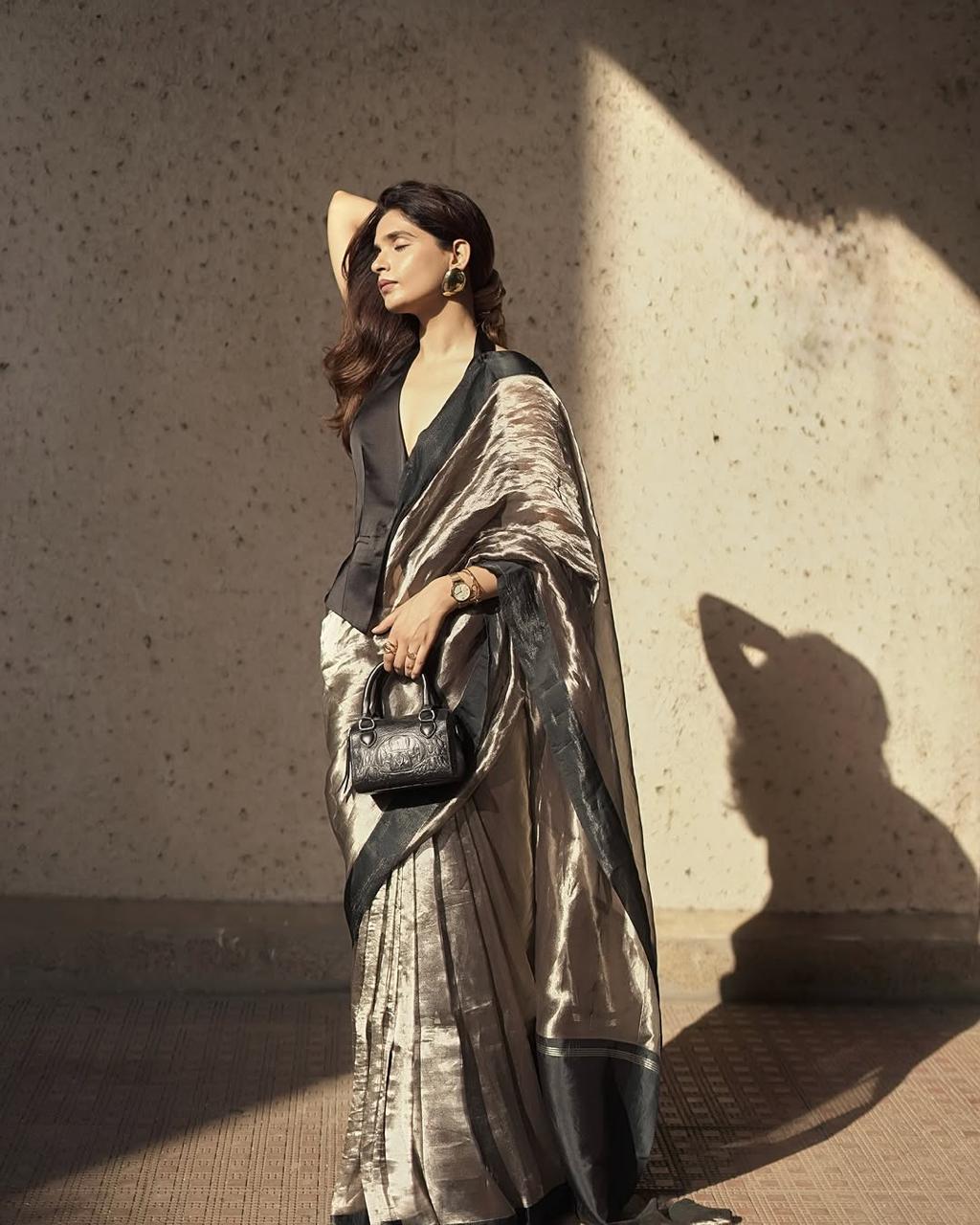 Pure Tissue Stripe Silk Saree In Black-Steel Grey With Satin Silk Border.