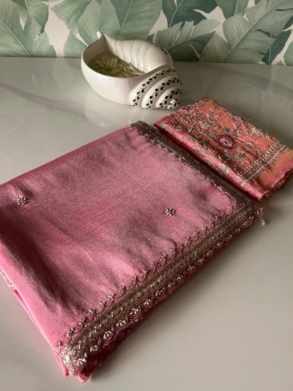 Premium Pure Crushed Chinnon Tissue Silk Drape In Peachy Pink