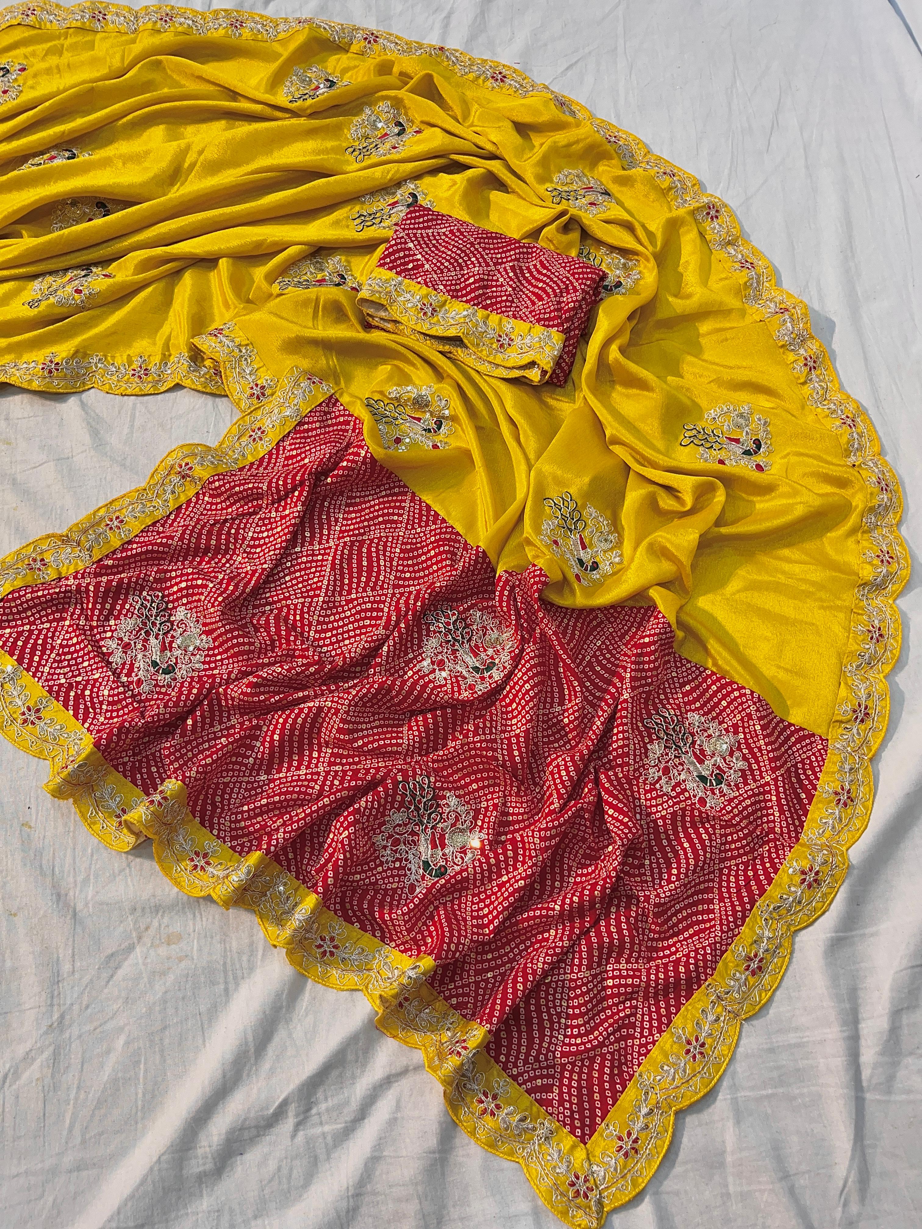 Beautiful Soft Chinon Saree With Beautiful Heavy Coding Saree In Sunshine Yellow-Red Combination