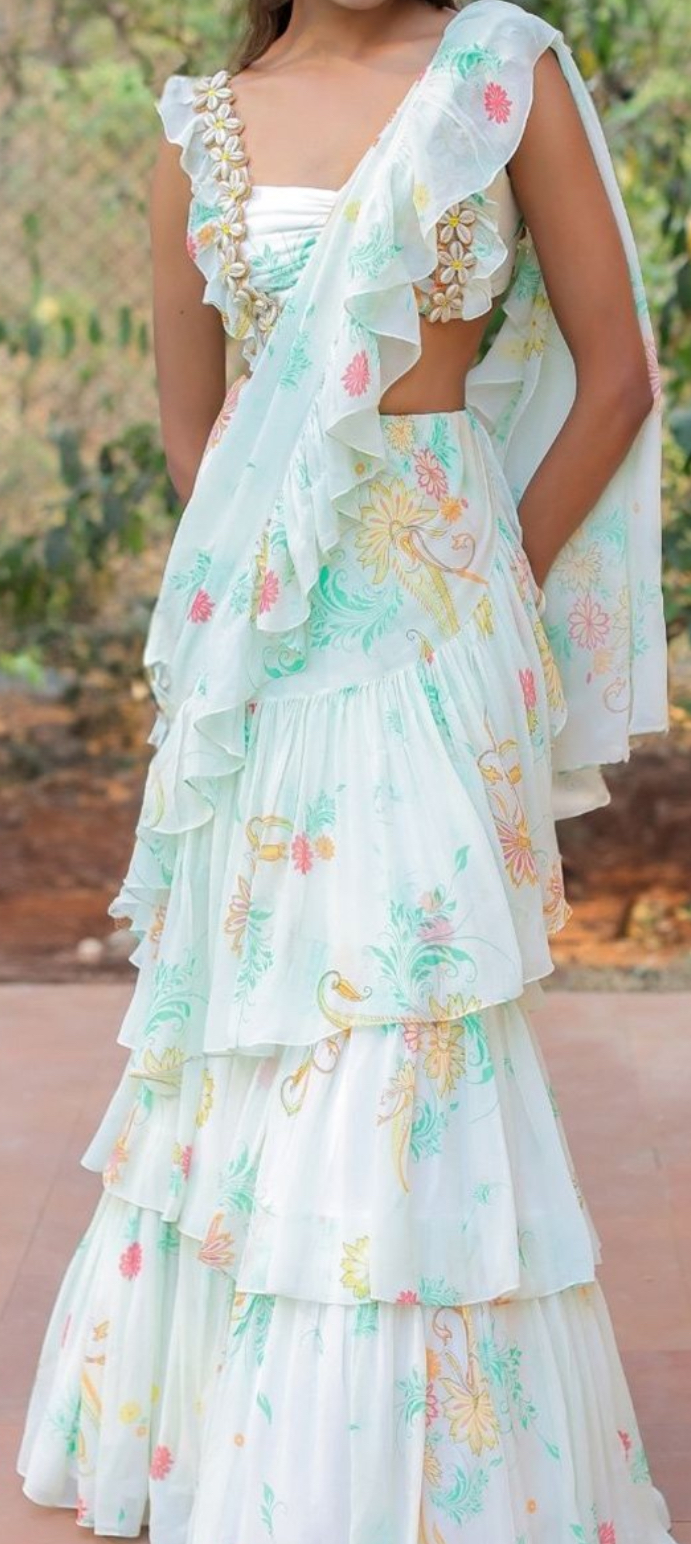 Pure Georgette Floral Ruffle Indowestern Saree In Mint Green