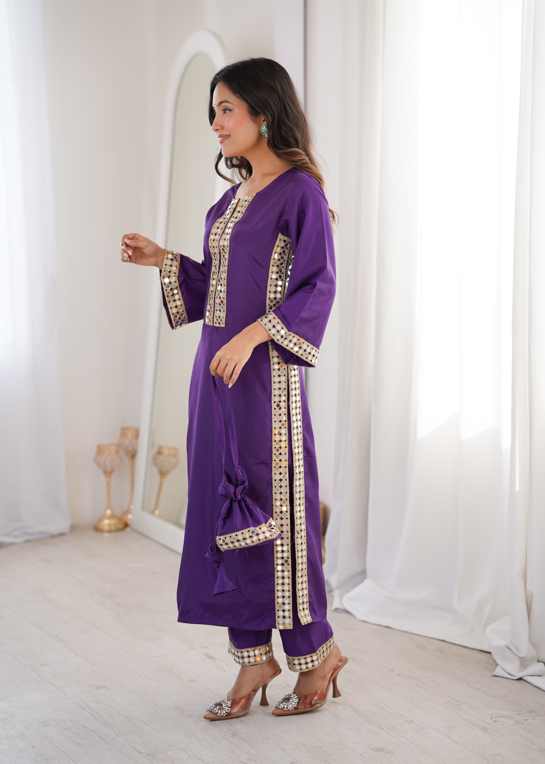 Natural Crepe Silk With Real Mirror Work Trouser Style Suit In Purple