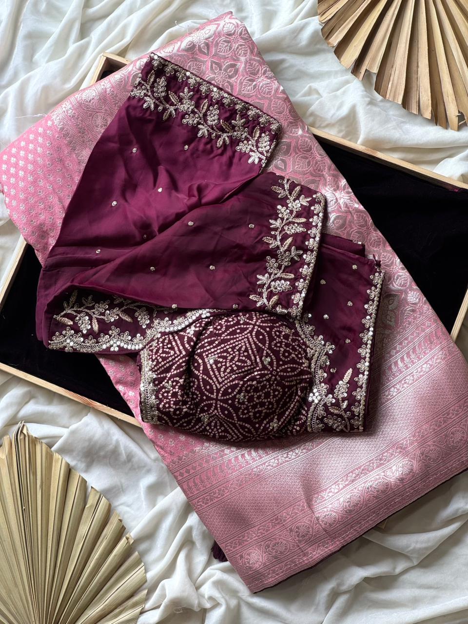 Designer Premium Banarasi Silk Dyed Saree In Soft Pink-Wine With Contract Piping Border And Stitched Blouse