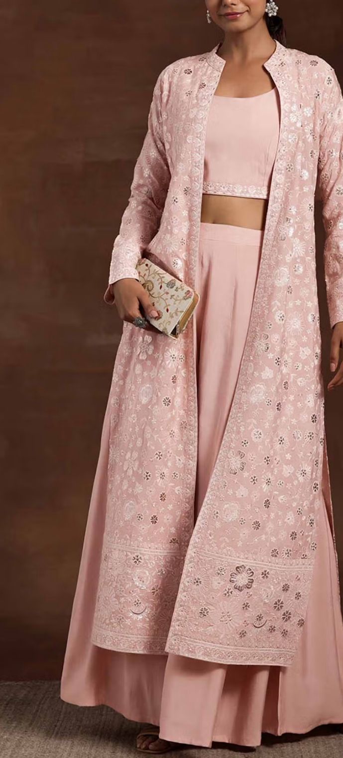Silk Jacquard IndoWestern Lehenga Set With Jacket In Blush Pink