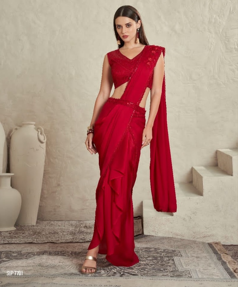 Cocktail ReadyWear Saree In Red