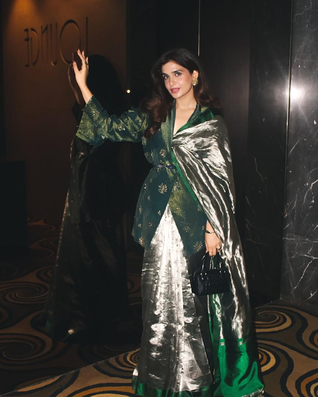 Pure Tissue Stripe Silk Saree In Green-Steel Grey With Satin Silk Border.