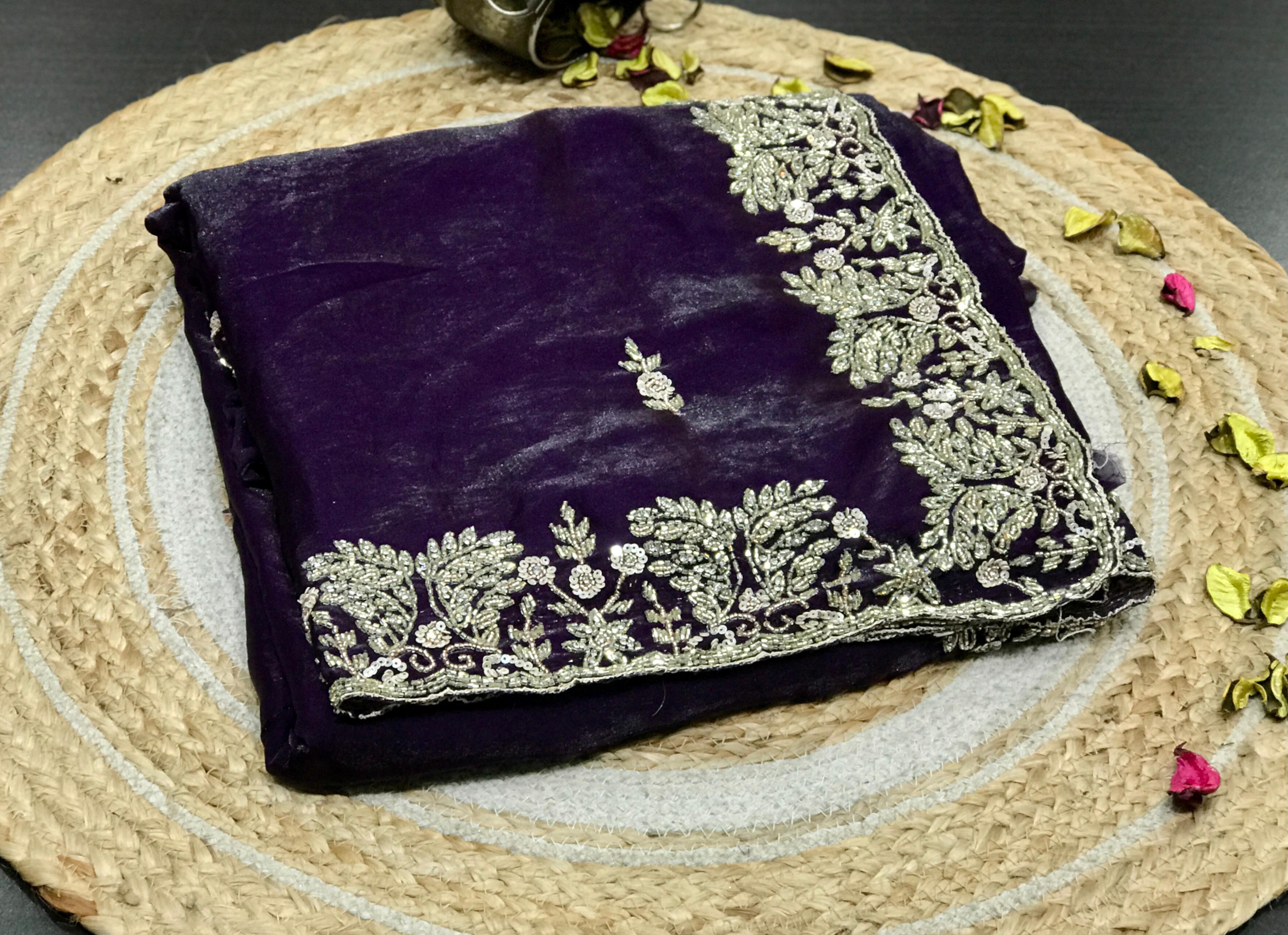 Designer Pure Silk Fendi Saree In Dark Blue With Intricate Handwork with Stitched Blouse