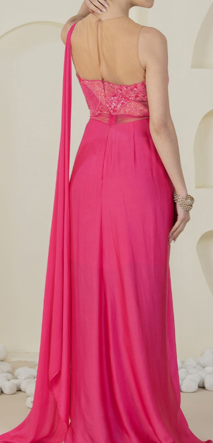 Embellished Indowestern Satin Saree Blouse In Peachy Pink