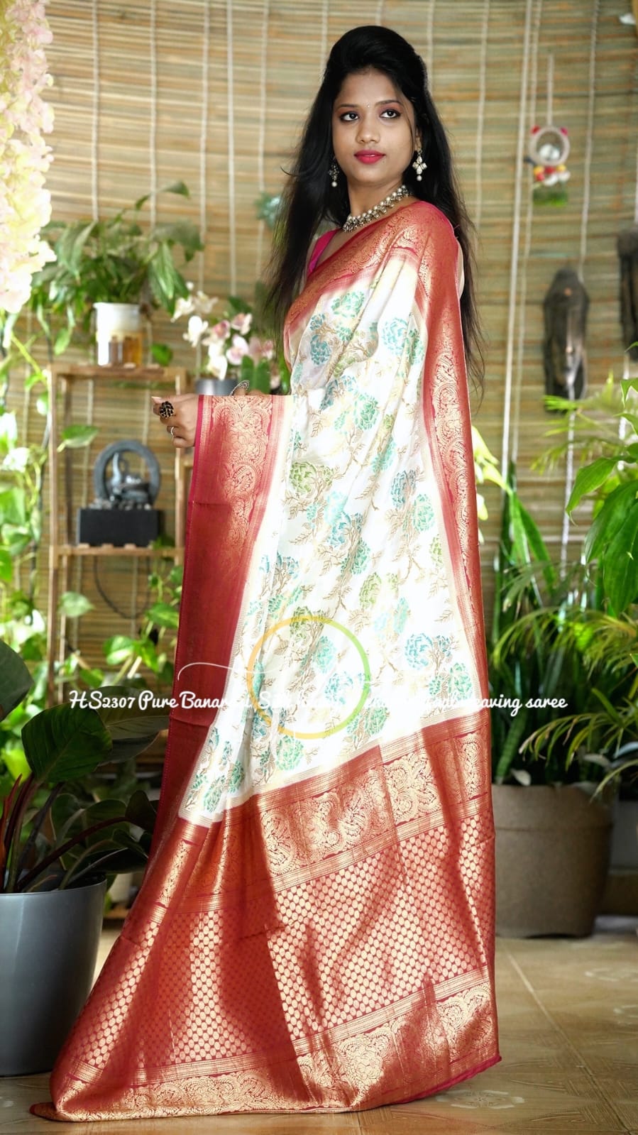 Designer Pure Banarasi Silk Saree In Red-White Combination with Big Border