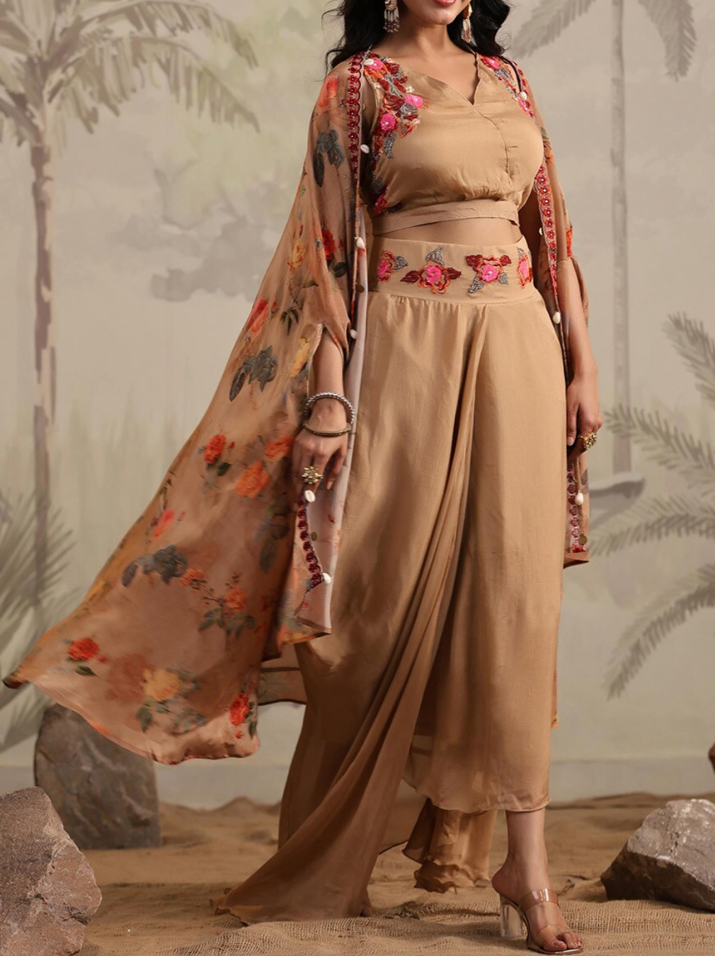 Chinnon Silk Co-ord Set In Beige With Crepe Cape