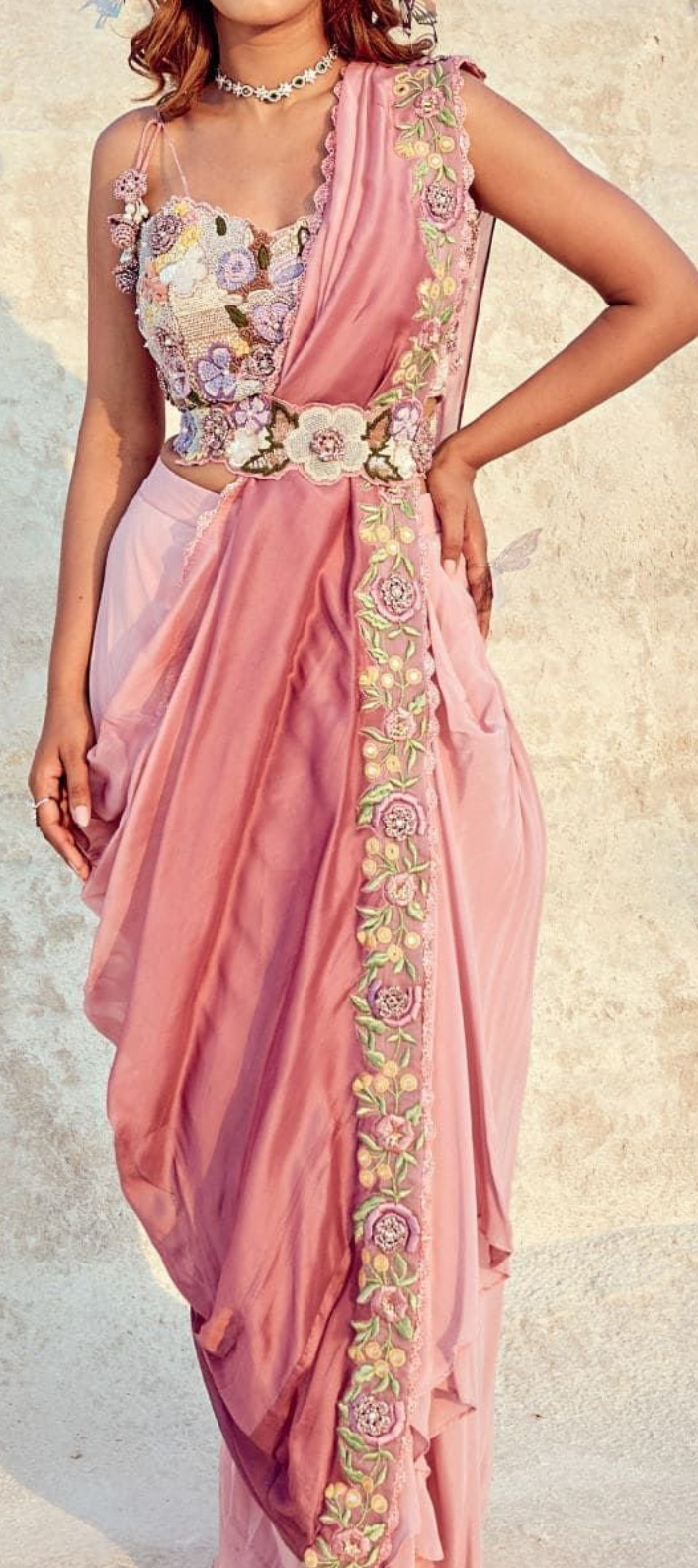 Ombre Peach Belted Poly crepe Designer Indowestern Saree