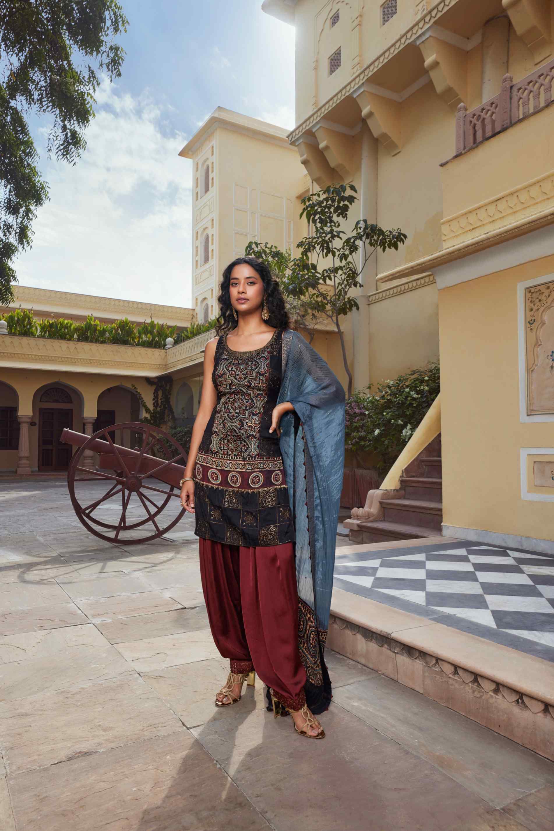 Designer Patiala Suit In Black-Maroon