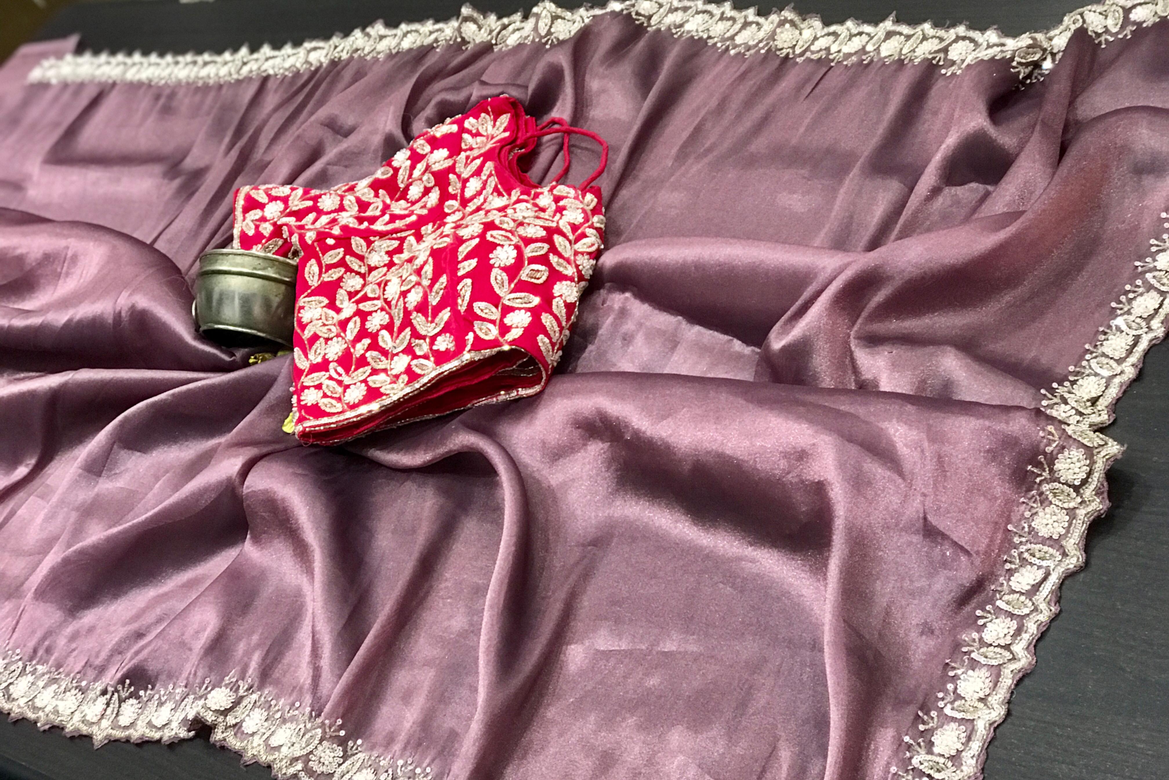 Designer Super Soft Tissue Organza Saree In Mauve -Red Combination with Intricate Handwork