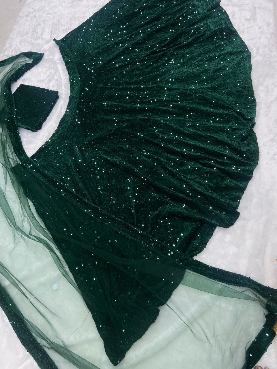 Premium Velvet Lehenga Set In Dark Green