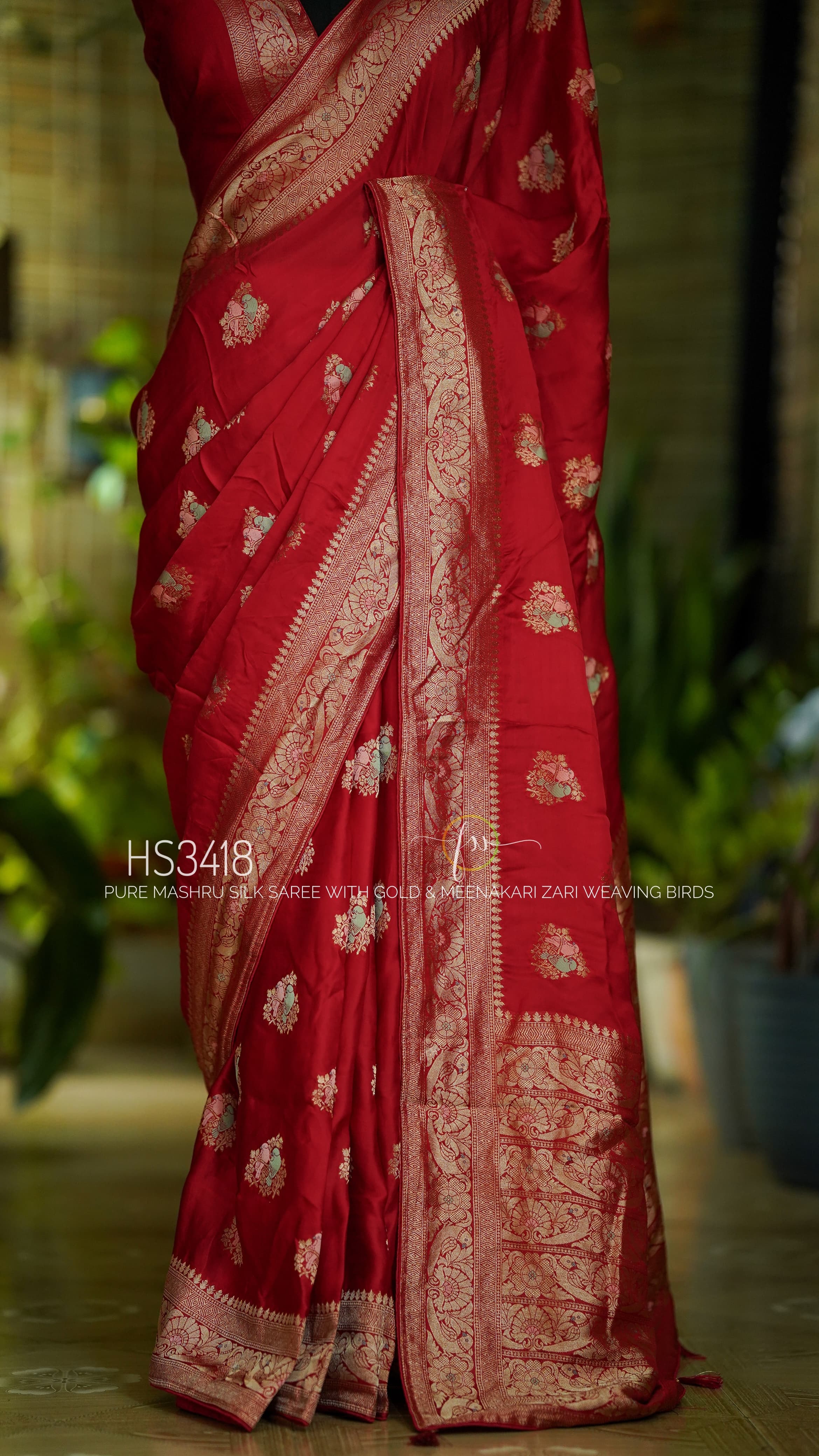 Pure Mashru Silk Saree In Red With Gold & Meenakari Zari Weaving Bird Design