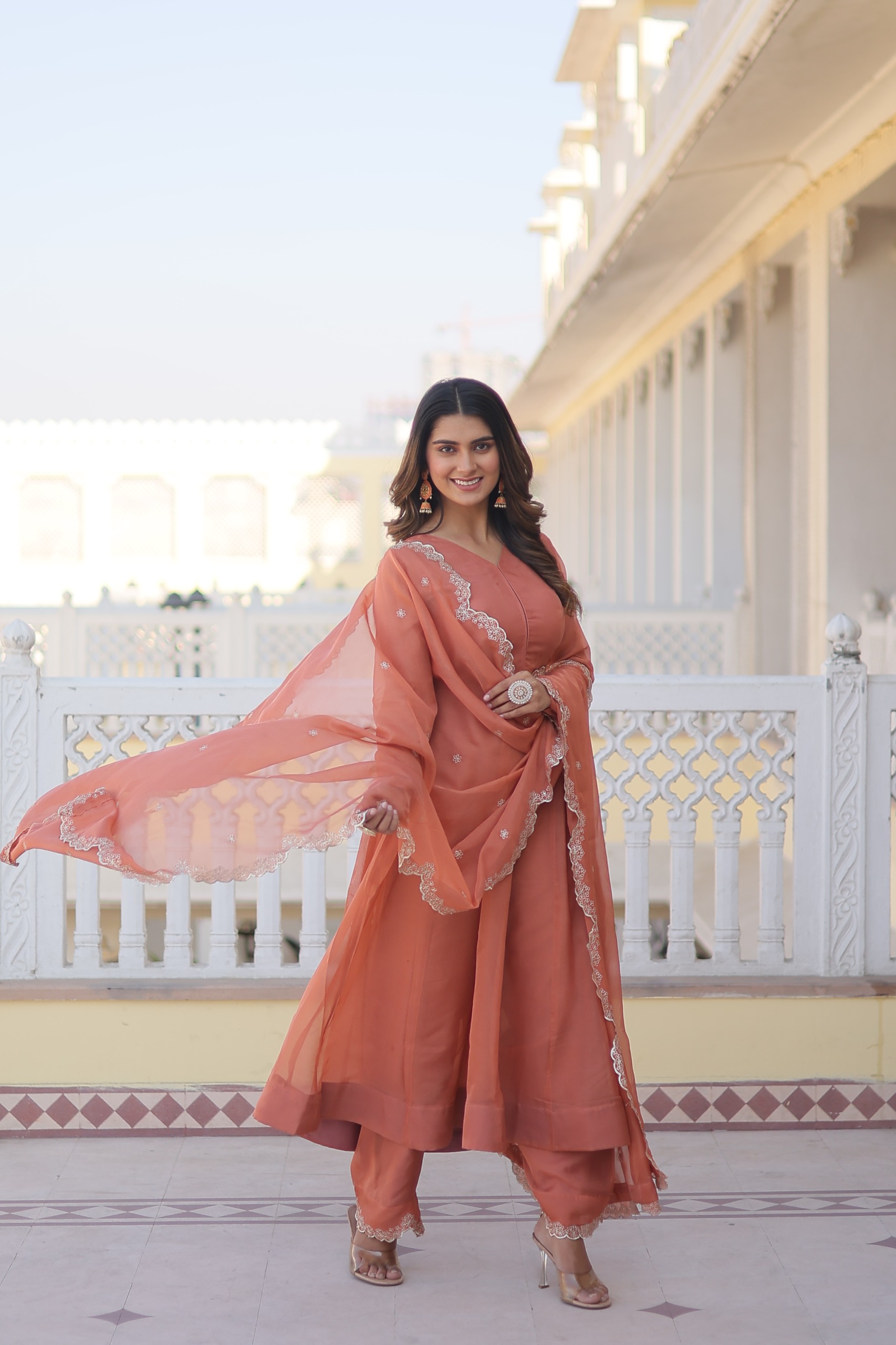 Premium Readymade Kurti With Pant & Duppatta In Peach Colour