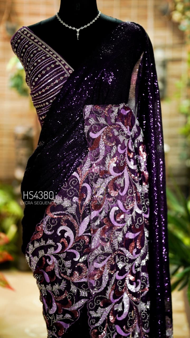 Designer Heavy Lycra Sequin Cutdana Saree In Dark Purple With Stitched Blouse
