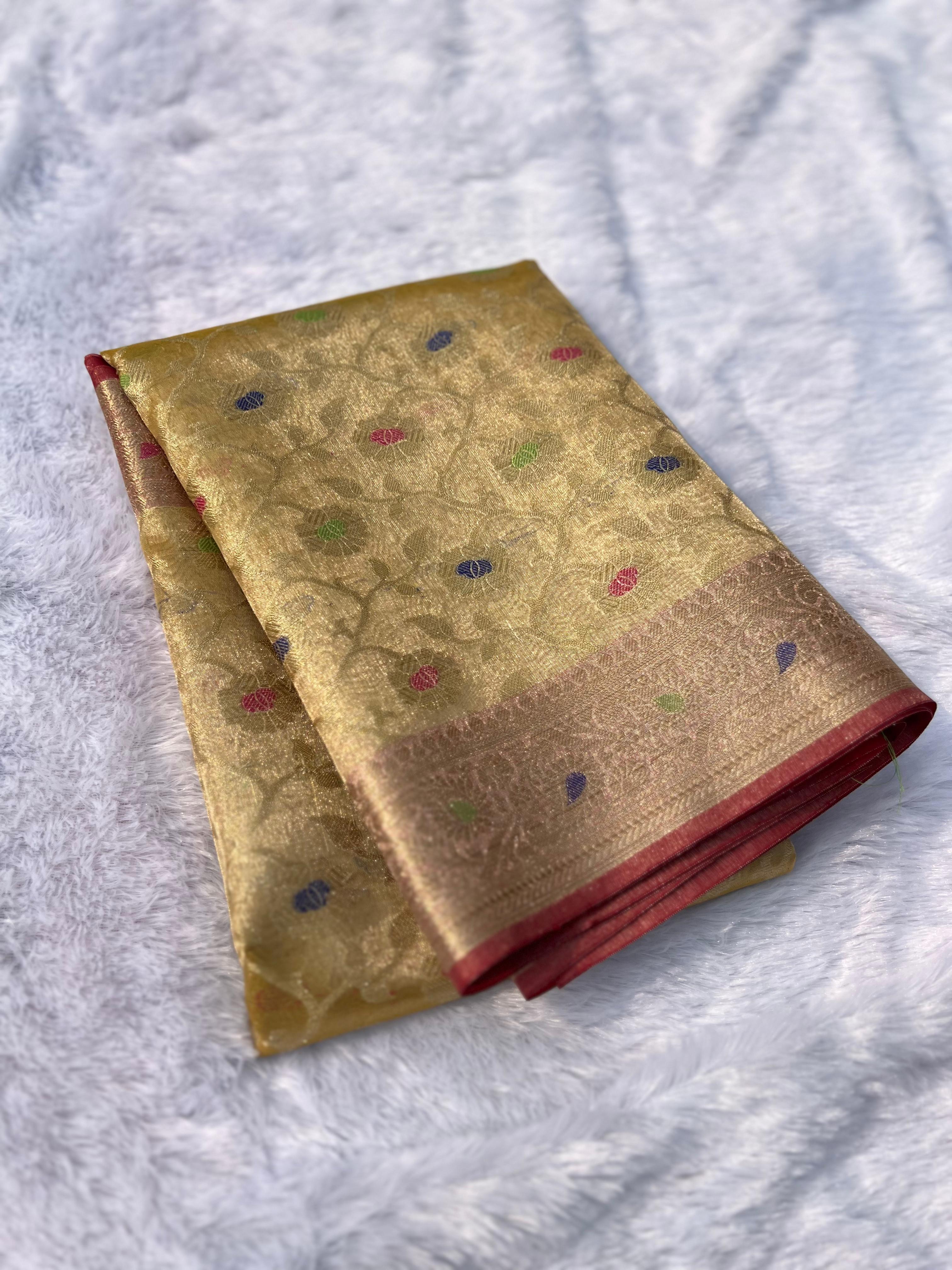 Banarasi Tissue Patola Saree In Beige-Maroon With Meenakari Work